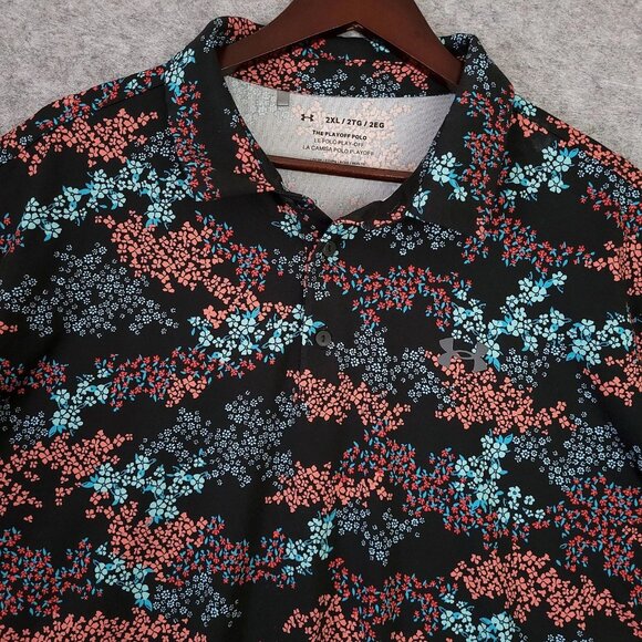 UNDER ARMOUR 2XL Playoff 3.0 Polo Golf Shirt Black Hydro Teal Stretch Floral AOP - Picture 1 of 10